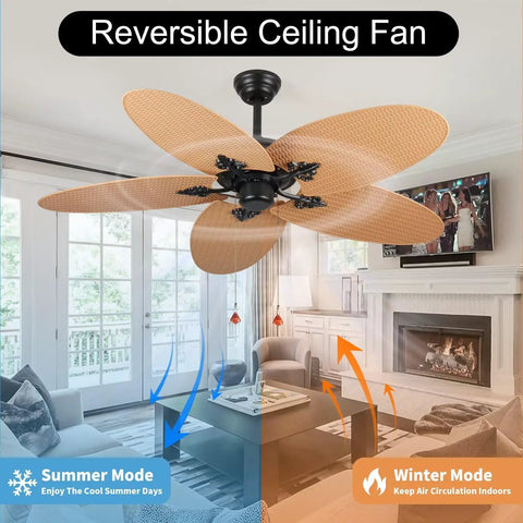 52-Inch Tropical Palm Leaf Ceiling Fan (No Light) with Rattan Blades in living room setting, showcasing reversible motor and pull chain.