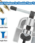 Front view of steel double-flare tool with brake-line adapters; includes 4 3/16 in. dies and 2 1/4 in. adapters