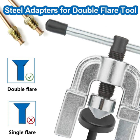 Front view of steel double-flare tool with brake-line adapters; includes 4 3/16 in. dies and 2 1/4 in. adapters