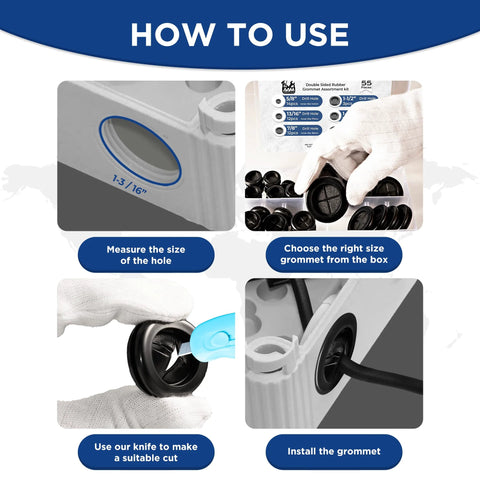 Guide on using 55 Pcs Rubber Grommets Kit with Six Assorted Sizes in Inches for wiring protection and waterproof sealing.