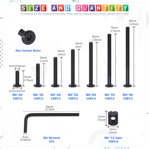 Baby Crib Screws Hardware Replacement Kit With M6 Hex Socket Cap Bolts And Nuts, various sizes, Allen wrench shown