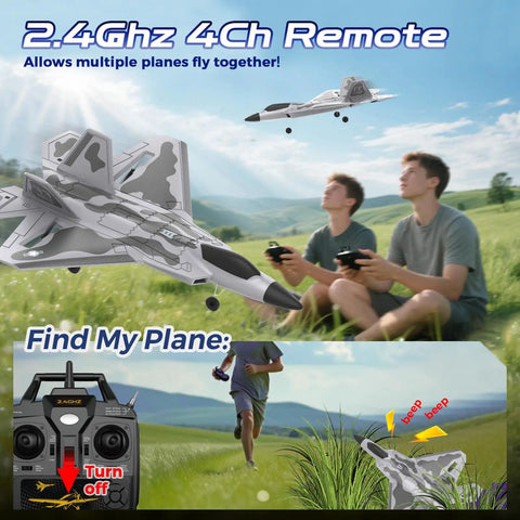Beginner Friendly Remote Control Airplane With Lights 4 Channel Fighter RC Plane with 6 Axis Gyro in flight outdoors.