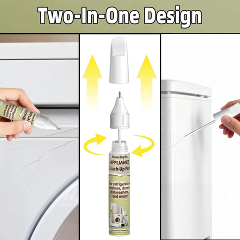 All In One Appliance Touch Up Paint Pen For Quick Fix And Rust Prevention, Bluish White Finish For Refrigerators, Washers, Dishwashers, Microwaves And Other Home Appliances, shown in use with close-up on scratches.