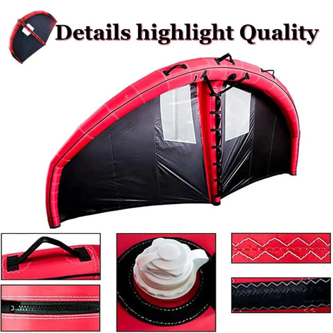 Inflatable Surf Wing For Paddle Boards And Water Sports 6m2 Open Window Design with close-up on polyester material and stitching.