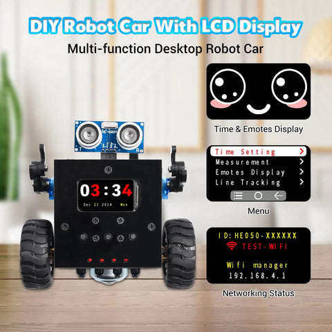 DIY Robot Kit Soldering Project For Teens And Adults With Time And Expressions Display Interactive Robot Car, black wheel base