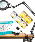 Pro Grade 12X 30X Magnifying Glass With Light And Stand showcasing adjustable arm and dimmable LED on desk for DIY projects