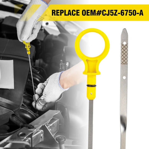 Dipstick Replacement For 2.0L EcoBoost Engines OEM CJ5Z-6750-A shown with yellow handle and stainless steel shaft