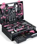 All In One 412 Piece Home And Auto Tool Set With Drawer Organizer And Case For Women And Men Great For Home Repairs DIY Projects And Handyman Tasks Everyday in open pink case showing organized tools.