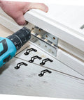 30 Pack Heavy Duty Metal Furniture Connectors Rock Solid No Slack Hidden Assembly Hardware For Cabinets Bookcases And Sofas Tight Hold Zero Play Hassle Free Setup with black metal connectors in use with drill.