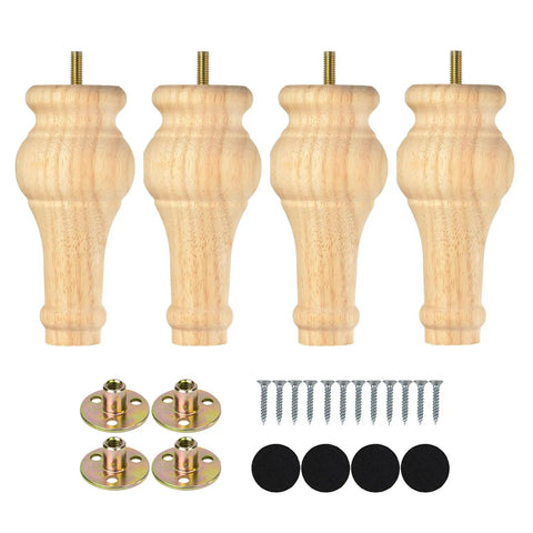 6 Inch Wooden Furniture Legs Bun Feet Set Of 4 With M8 Bolt Recessed Mounting, shown with screws and mounting accessories.