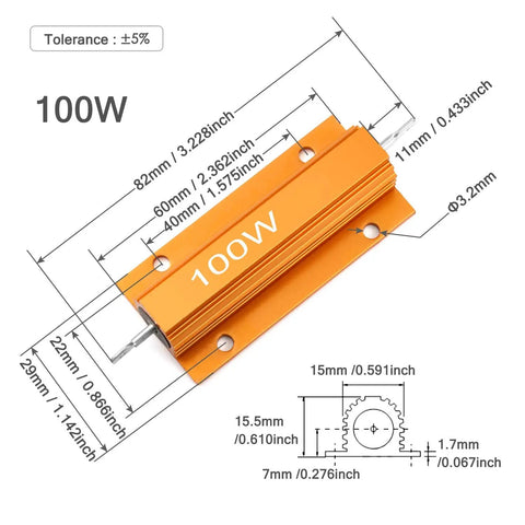 Tough As Nails Wirewound Aluminum Shell Resistor 8 Ohm 100 Watt 5 Percent Tolerance Pro Grade Pair with dimensions and details.