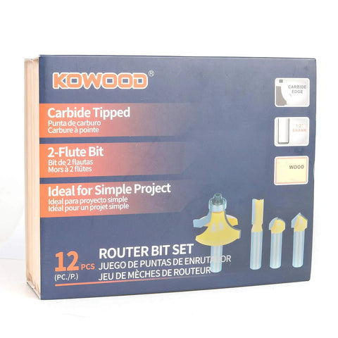 Durable Carbide Router Bit Set With Anti Kickback, 12 Pieces, Half Inch Shanks, woodworking tools in box packaging