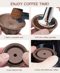 Steps for using Reusable Silicone Capsule Lids For Vertuo Pods With Scoop And Brush Food Grade BPA Free Easy Fill 4 Pack Brown