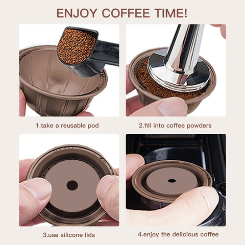 Steps for using Reusable Silicone Capsule Lids For Vertuo Pods With Scoop And Brush Food Grade BPA Free Easy Fill 4 Pack Brown