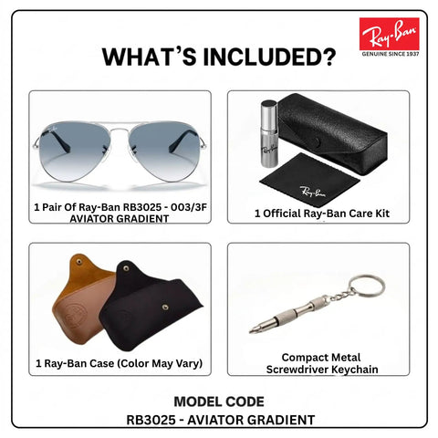 RB3025 Pilot Shape Non Polarized Sunglasses For Men And Women With Light Blue Gradient Lenses Dope Aviator Vibe Durable Frame Includes Official Eyewear Kit Perfect For Formal Or Casual Everyday Wear, showing complete kit with sunglasses, case, care kit, and keychain screwdriver.