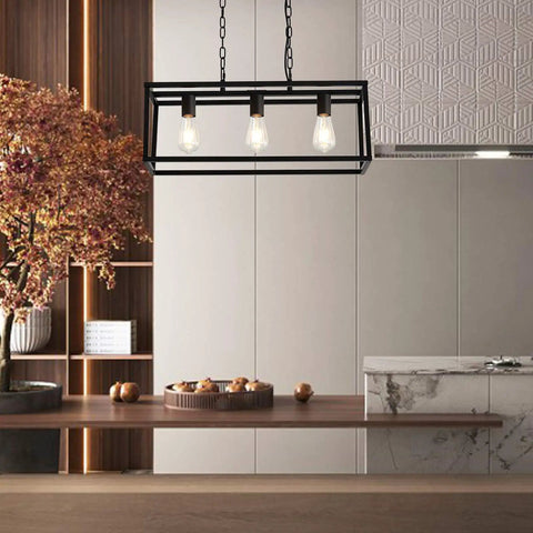 Rectangle Black 3 Light Pendant Light For Kitchen Island And Dining Room Sleek Contemporary Linear Cage Fixture With Farmhouse Vibe Ceiling Mount Adjustable Stem Easy Install Modern Hanging Lighting