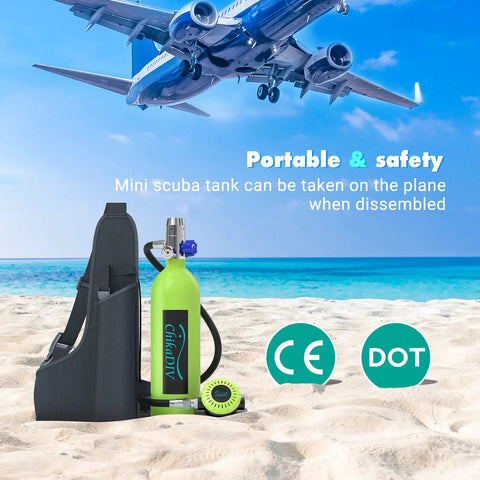 Mini 1L Scuba Tank With Pump For Underwater Exploration And Breathing Training Portable Lung Tank Breathe Easy Dive Gear displayed on beach with airplane overhead.