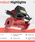 Three Speed Circulator Pump For Hot Water Hydronic Heating, One Twelfth Hp Flow Control Valve, Plug And Play Swap That Keeps Your Pipes Tight And Home Cozy, Zero Hassle Installation With Smooth Everyday Performance You Can Trust, showing red stainless steel unit with 115V wiring and flanged connections.