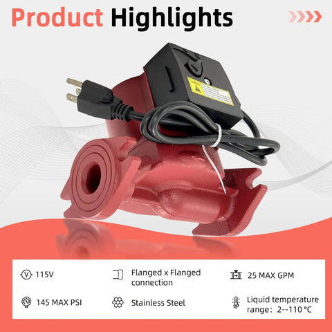 Three Speed Circulator Pump For Hot Water Hydronic Heating, One Twelfth Hp Flow Control Valve, Plug And Play Swap That Keeps Your Pipes Tight And Home Cozy, Zero Hassle Installation With Smooth Everyday Performance You Can Trust, showing red stainless steel unit with 115V wiring and flanged connections.