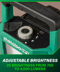 Close-up of Ultra Bright 4000 Lumen Cordless LED Work Light with MultiVolt 18V 36V Battery showing adjustable brightness dial