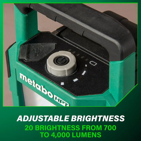 Close-up of Ultra Bright 4000 Lumen Cordless LED Work Light with MultiVolt 18V 36V Battery showing adjustable brightness dial