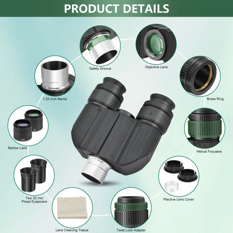 Stereo Binocular Viewer for Telescopes With 1.85x and 3x Barlow, Two 32mm Eyepieces, detailed features and accessories