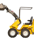 Thunder VI 23.5HP EPA Gas Engine Wheel Loader with raised bucket, side view, for construction, farming, and landscaping jobs.