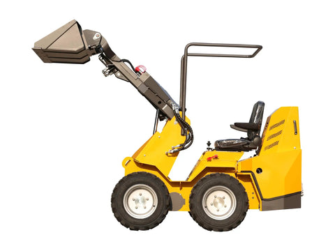Thunder VI 23.5HP EPA Gas Engine Wheel Loader with raised bucket, side view, for construction, farming, and landscaping jobs.