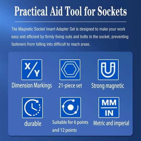Magnetic Socket Insert Adapter Set 21 Piece With Hex Profile features icons for dimension markings, 21-piece set, magnetic