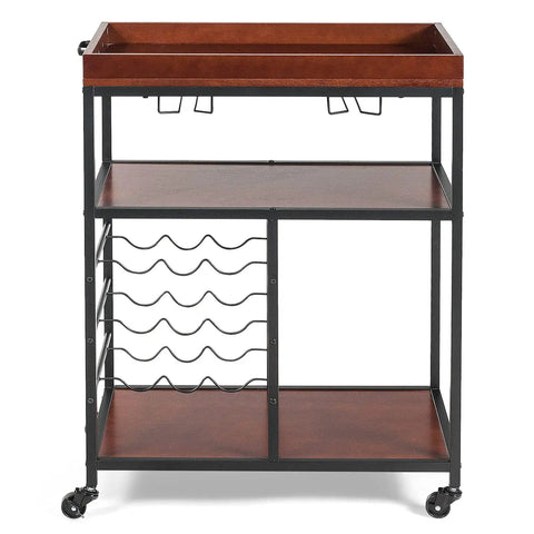 Slick Rolling Kitchen Island Cart With Rustic Brown Wood And Steel Frame Nine Bottle Wine Rack Double Glass Holders Lockable Wheels Utility Beverage Trolley For Tight Spaces And Weekend Kickbacks