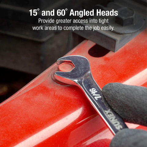 Wrench from 14 Piece Angle Head SAE Wrench Set With Full Polish Chrome Vanadium CRV in use, showing 15 and 60 degree angled head.