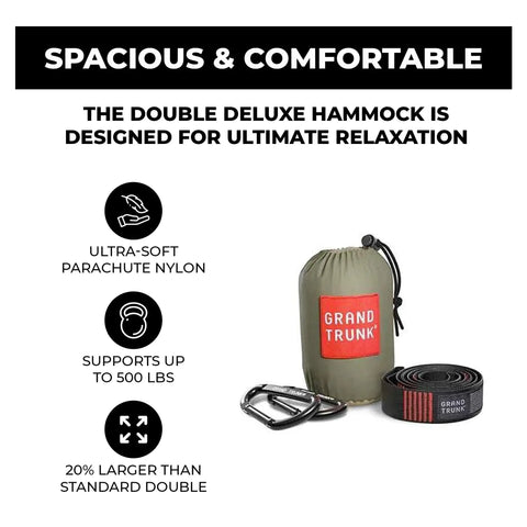 Double Deluxe Camping Hammock For Two 11 Ft Long With 500 Lb Capacity Ultralight Rugged Ripstop Nylon bag and accessories