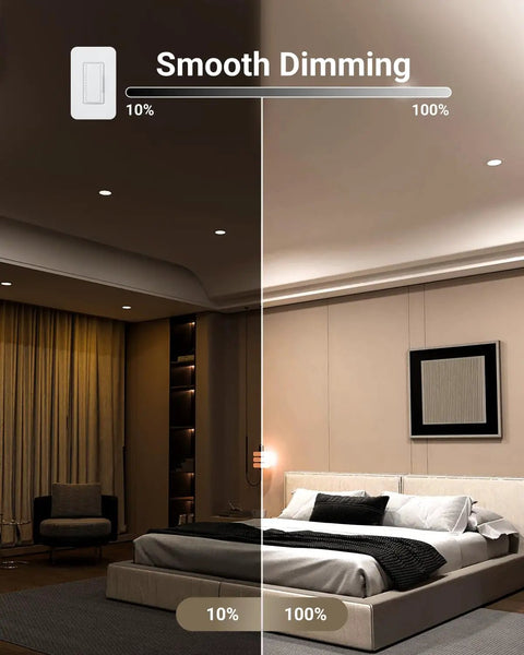 Room with dimmable 24 Pack 4 Inch Ultra Thin LED Recessed Ceiling Lights Daylight 6000K Dimmable 10W Canless Wafer Thin with Junction Box IC Rated Slim Downlights for Home Remodel showing different light intensities.