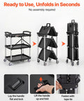 Foldable Utility Service Cart With 3 Shelves Heavy Duty Plastic Rolling Cart Holds 165 Lbs shown in folded and unfolded states