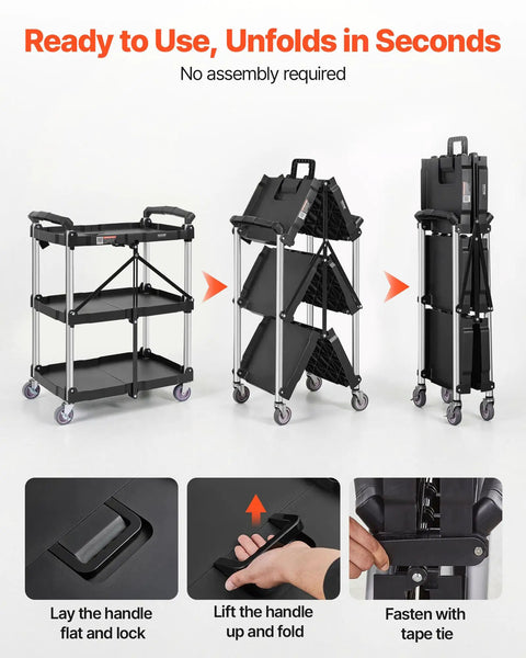 Foldable Utility Service Cart With 3 Shelves Heavy Duty Plastic Rolling Cart Holds 165 Lbs shown in folded and unfolded states