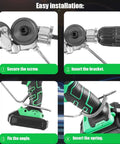 Installation steps for Drill Nibbler Sheet Metal Cutting Tool Attachment showing screw, bracket, angle, and spring setup.