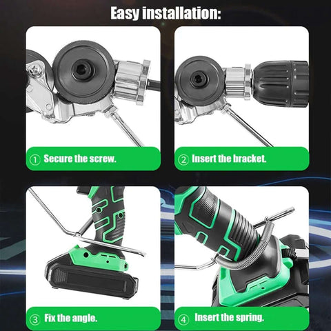 Installation steps for Drill Nibbler Sheet Metal Cutting Tool Attachment showing screw, bracket, angle, and spring setup.