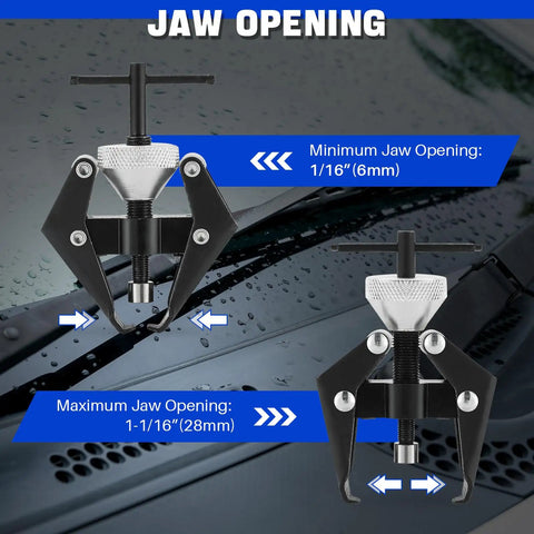 Beefy Battery Terminal And Wiper Arm Puller Kit 6-28 Mm Pro Grade showing jaw opening sizes for auto repair.