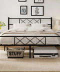 Queen Size Bed Frame With Integrated Headboard, Hella Sturdy Steel Base, Built Like A Tank For Serious Support, Zero Box Spring Drama Required, Effortless Assembly Design In Classic Matte Black with bedding and storage beneath.