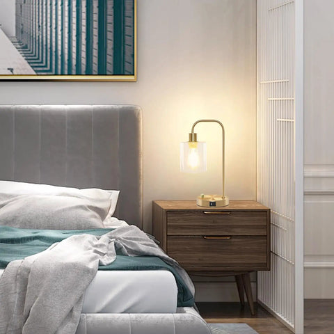 Gold Industrial Stepless Dimmable Table Lamps Set Of 2 With Knob Control And USB A C Ports Brass Desk Lamps on nightstand