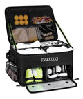 Golf Trunk Organizer With Two-Layer Storage And Shoe Pocket, Keeps Golf Gear Sorted In Your Ride, Durable EVA Construction With Adjustable Top Support, Perfect Gift For Golfers, Black, open view with shoes and golf accessories