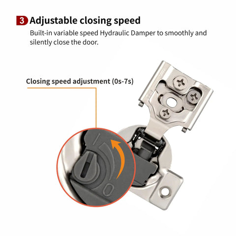20 Pcs Half Inch Overlay Soft Close Cabinet Hinges With Built In Damper And 4D Adjustment System For Vertical Horizontal Depth And Closing Speed 35mm Cup Diameter And 11.5mm Cup Depth Included Screws For Easy Silent Cabinet Door Closure. adjustable soft-close hinge with speed dial