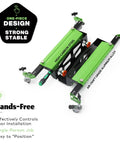 One Piece Patented Door Installation Tool Kit with aluminum alloy dolly lifter, green and black finish with wheel legs.