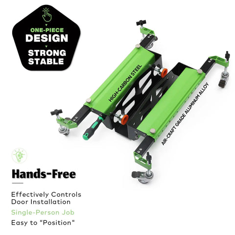 One Piece Patented Door Installation Tool Kit with aluminum alloy dolly lifter, green and black finish with wheel legs.