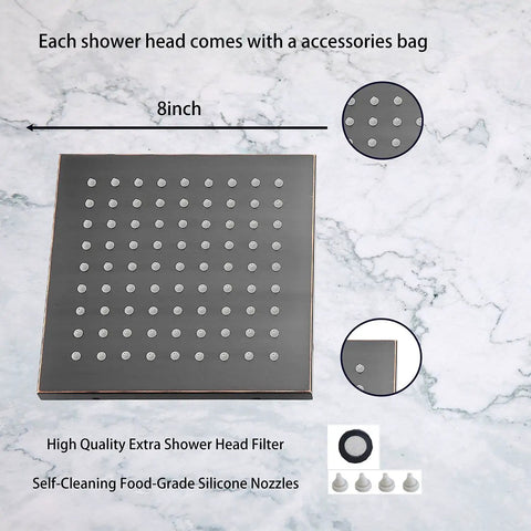 8 Inch Square Rain Shower Head High Pressure Stainless Steel 304 With Oil Rubbed Bronze Finish pictured with accessories