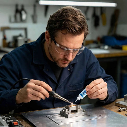 Pro Grade Solder Flux For Desoldering And Welding Battery Tab And PCB Repair Solution Precision Soldering Flux That Clears Oxidation For Smooth Flow No Clean Joint Minimal Stain Ideal For Circuit Board Repairs; technician applying flux to PCB