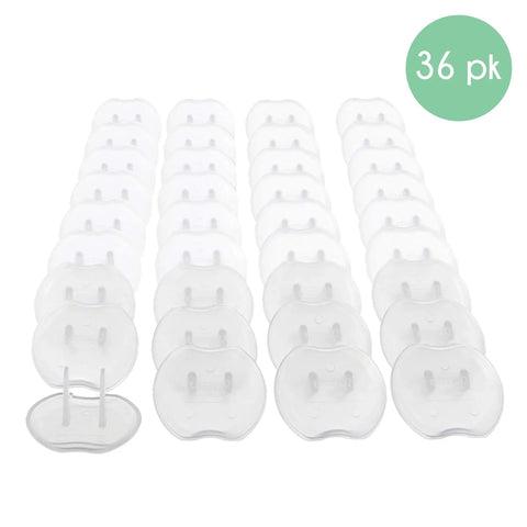 36 clear outlet covers in rows, part of Baby Safe Outlet Covers 36 Pack For Easy Home Protection, Outlet Plug Covers For Electrical Sockets.