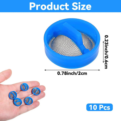 Hand holding 10 Pack Washing Machine Water Filter Replacement Kit With Steel Mesh Inline Screens, shown with product size dimensions