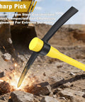 36 Inch Pick Mattock With Heavy Duty Rail Steel Head And Fiberglass Handle striking rocks, showcasing durability and strength.