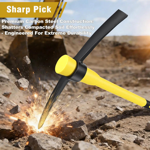 36 Inch Pick Mattock With Heavy Duty Rail Steel Head And Fiberglass Handle striking rocks, showcasing durability and strength.